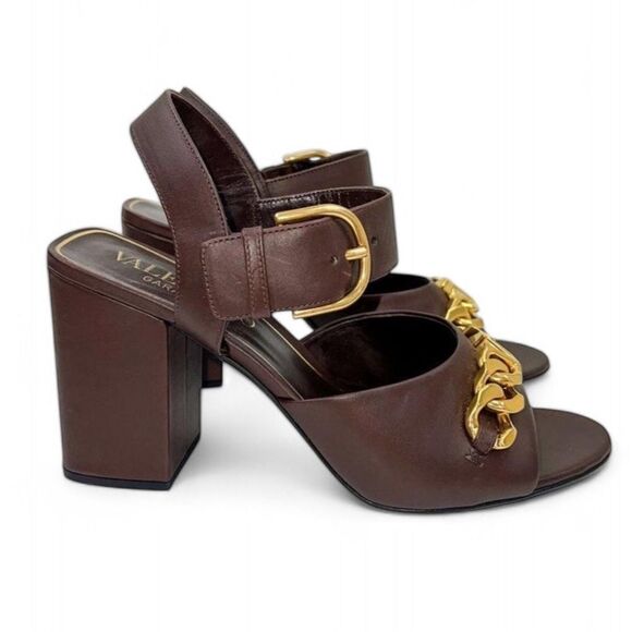 VALENTINO GARAVANI Brown Open Toe Gold VLogo Block Heel Sandals Size EU39 - Picture 4 of 16